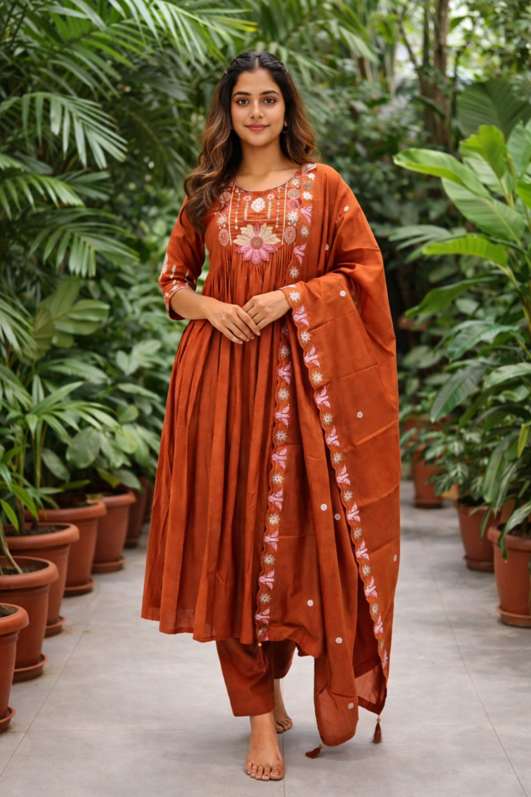 Surili Orange Heay Roman Silk With Embroidery Work Embroidery Kurta Set - Image 2