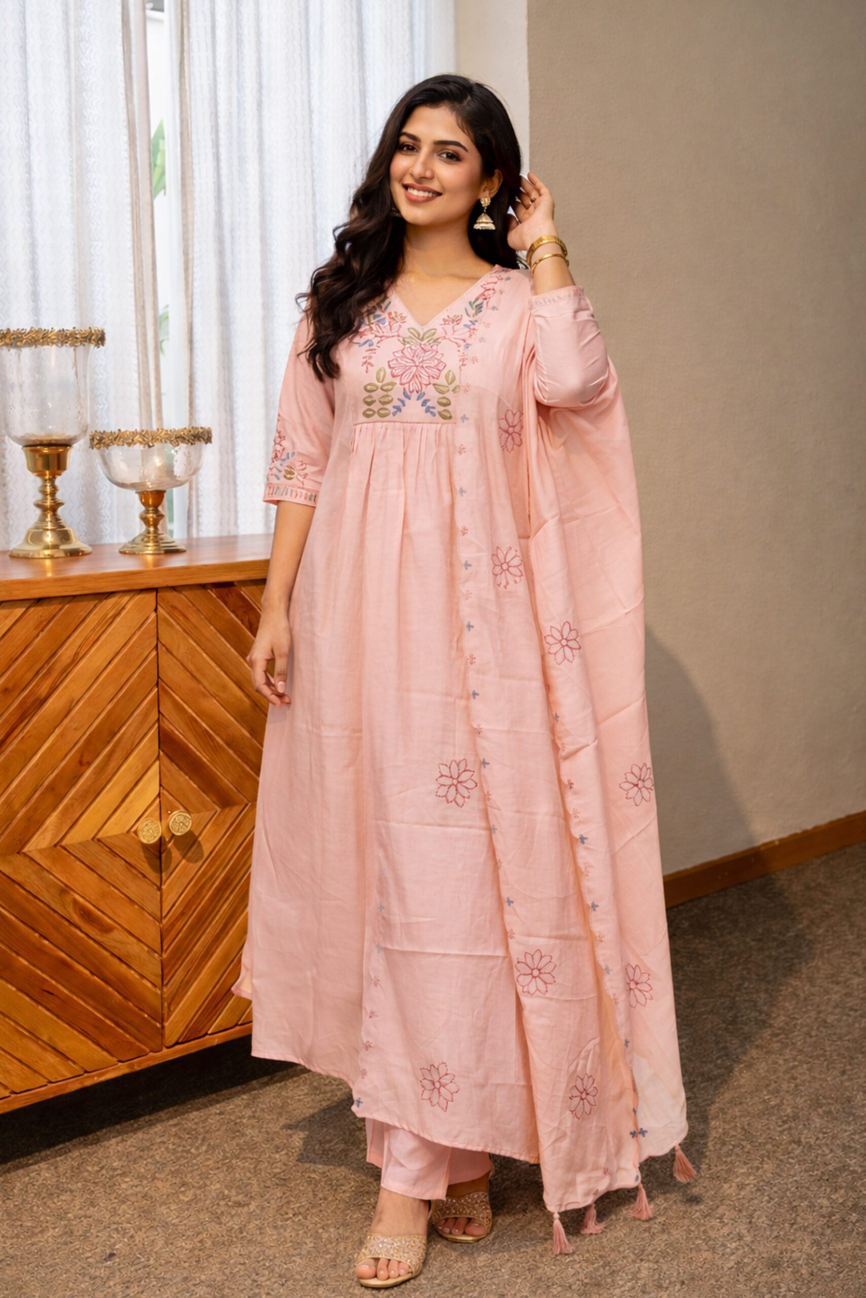 Surili Light Pink Heay Roman Silk With Embroidery Work Embroidery Kurta Set - Image 2