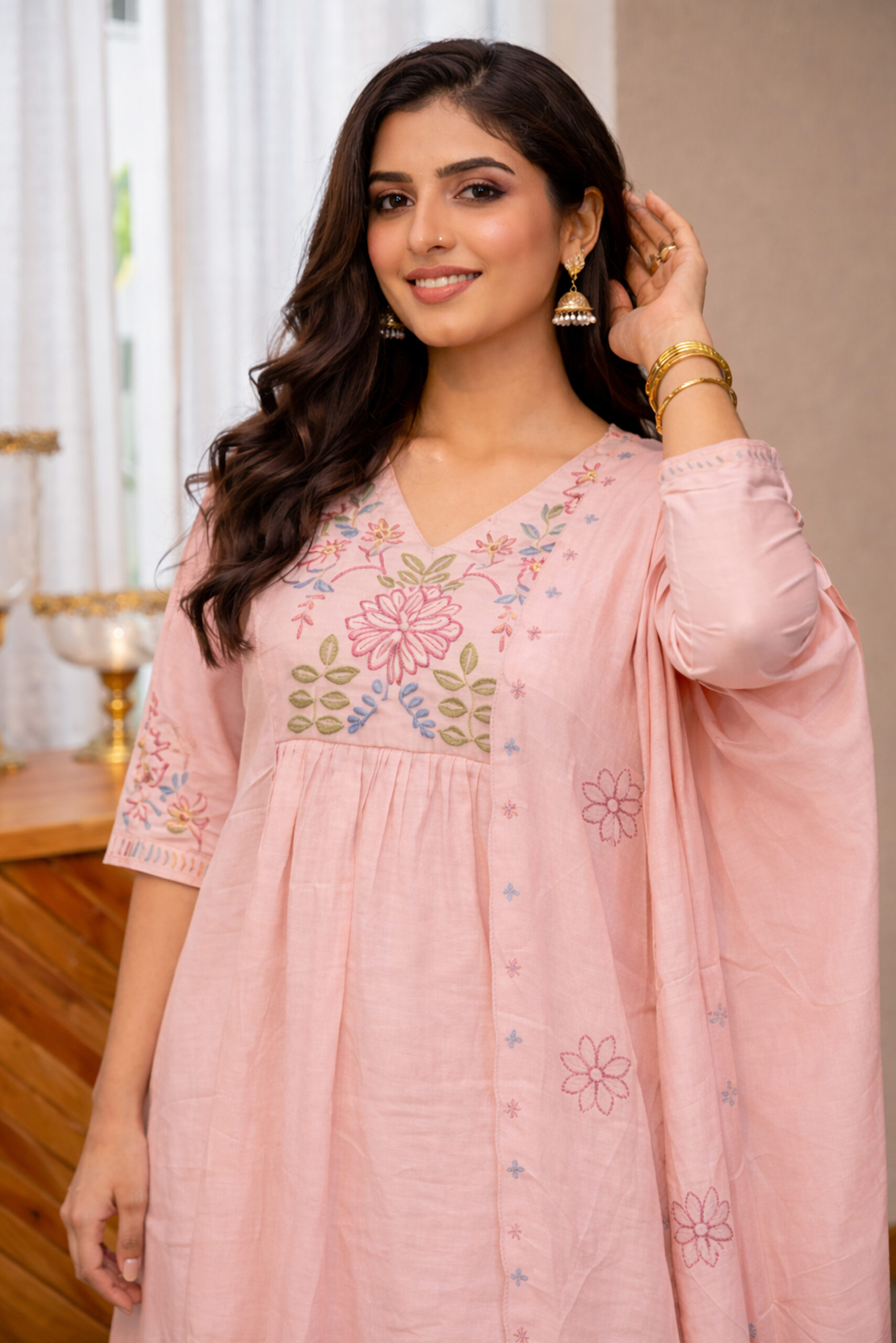 Surili Light Pink Heay Roman Silk With Embroidery Work Embroidery Kurta Set - Image 3