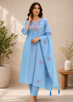 Surili Sky Blue Heay Roman Silk With Embroidery Work Embroidery Kurta Set