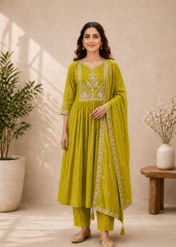Surili Lime Green Heay Roman Silk With Embroidery Work Embroidery Kurta Set