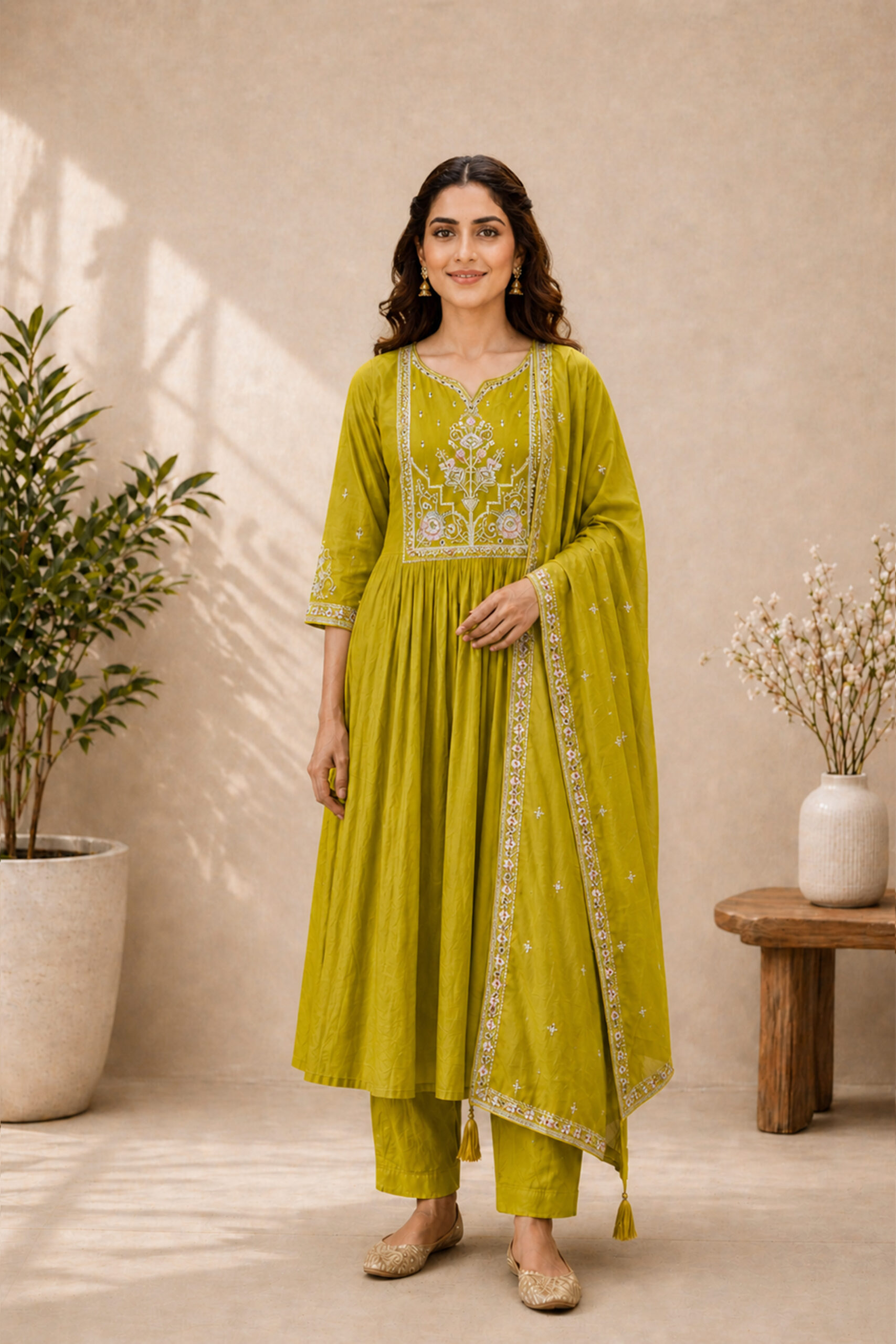 Surili Lime Green Heay Roman Silk With Embroidery Work Embroidery Kurta Set