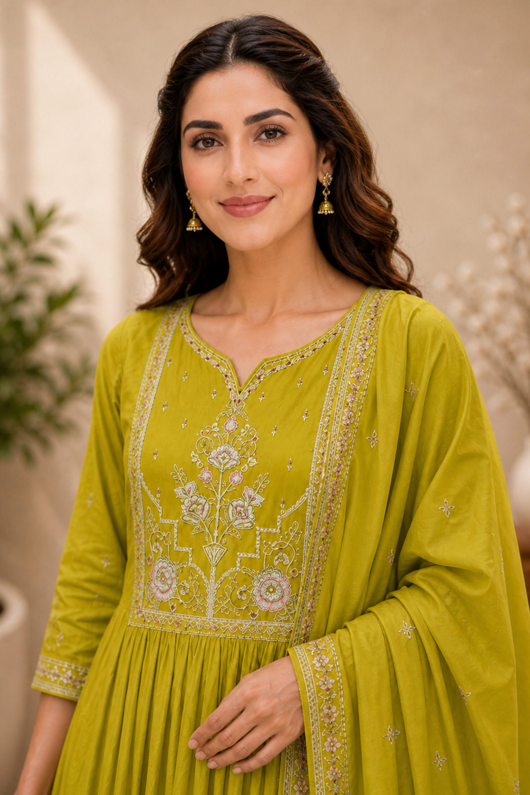 Surili Lime Green Heay Roman Silk With Embroidery Work Embroidery Kurta Set - Image 3