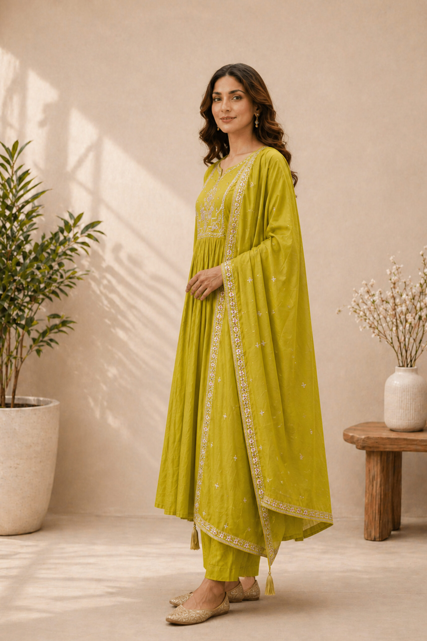 Surili Lime Green Heay Roman Silk With Embroidery Work Embroidery Kurta Set - Image 4