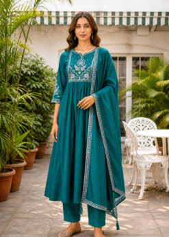 Surili Rama Blue Heay Roman Silk With Embroidery Work Embroidery Kurta Set