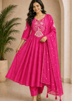 Surili Pink Heay Roman Silk With Embroidery Work Embroidery Kurta Set