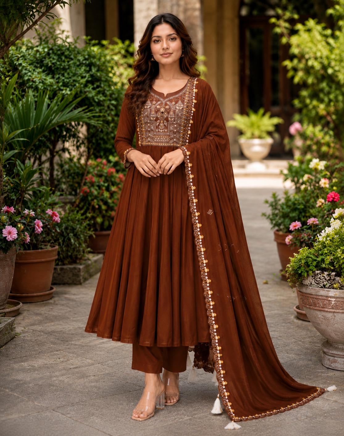 Surili Brown Heay Roman Two Tone Silk With Embroidery Work Embroidery Kurta Set