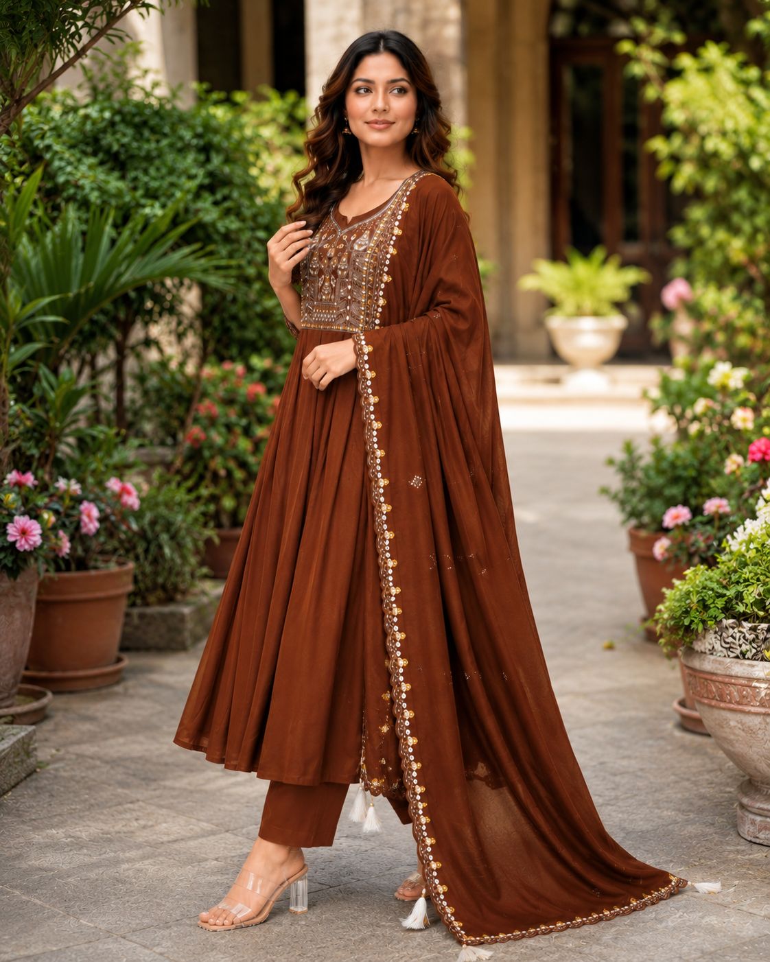 Surili Brown Heay Roman Two Tone Silk With Embroidery Work Embroidery Kurta Set - Image 3