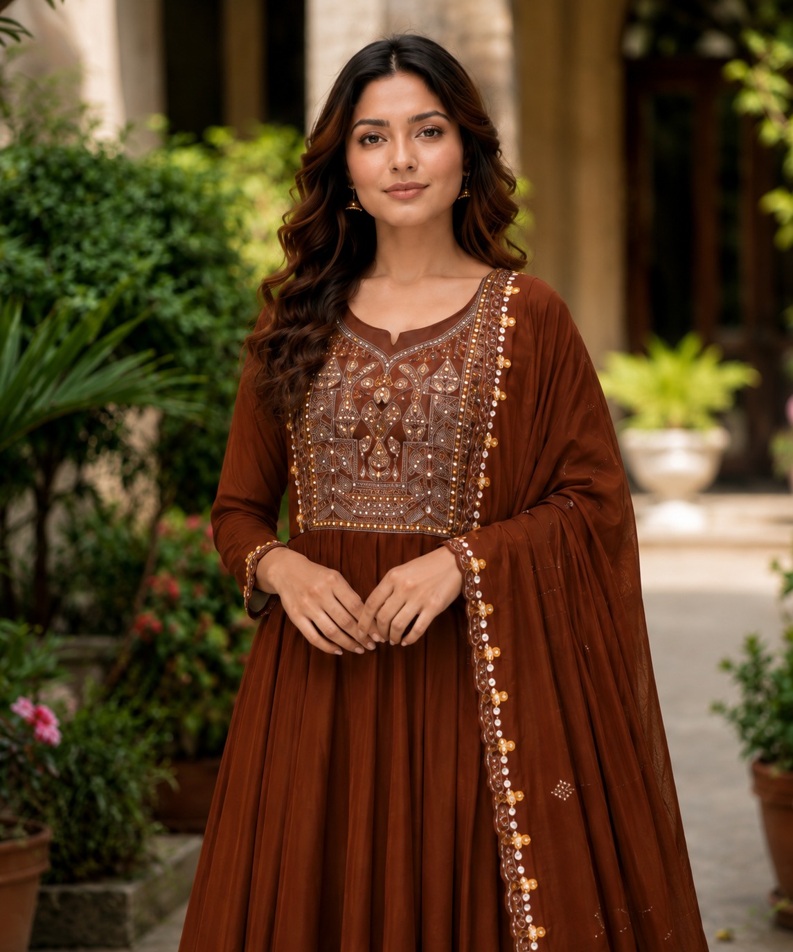 Surili Brown Heay Roman Two Tone Silk With Embroidery Work Embroidery Kurta Set - Image 4