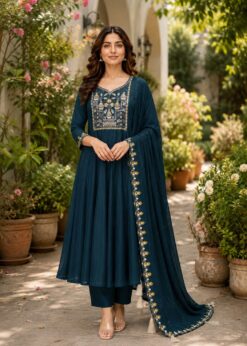 Surili Teal Blue Heay Roman Two Tone Silk With Embroidery Work Embroidery Kurta Set
