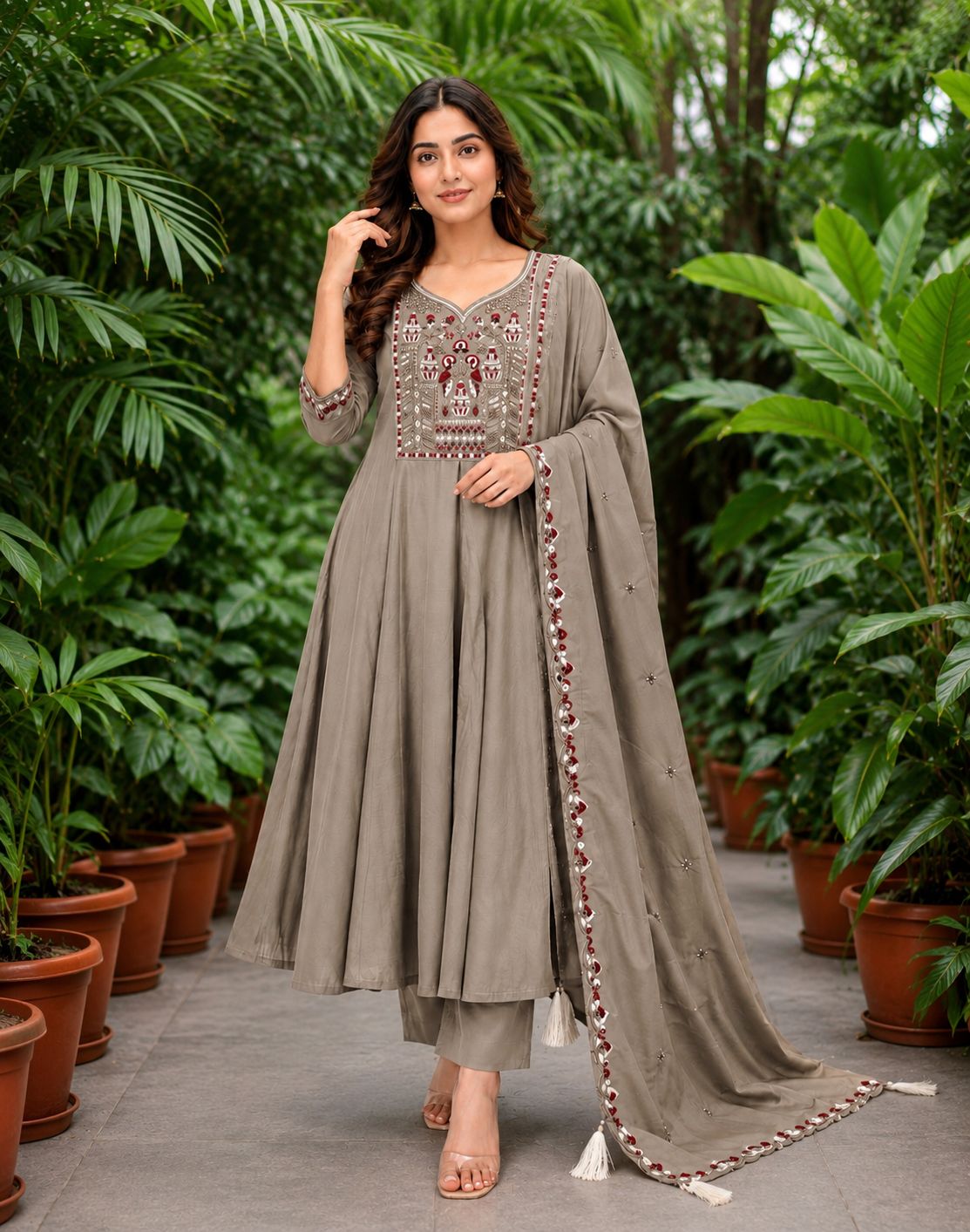 Surili Ash Beige Heay Roman Two Tone Silk With Embroidery Work Embroidery Kurta Set