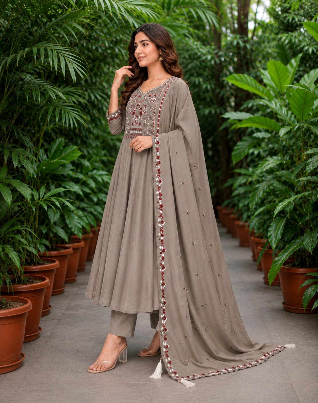 Surili Ash Beige Heay Roman Two Tone Silk With Embroidery Work Embroidery Kurta Set - Image 3