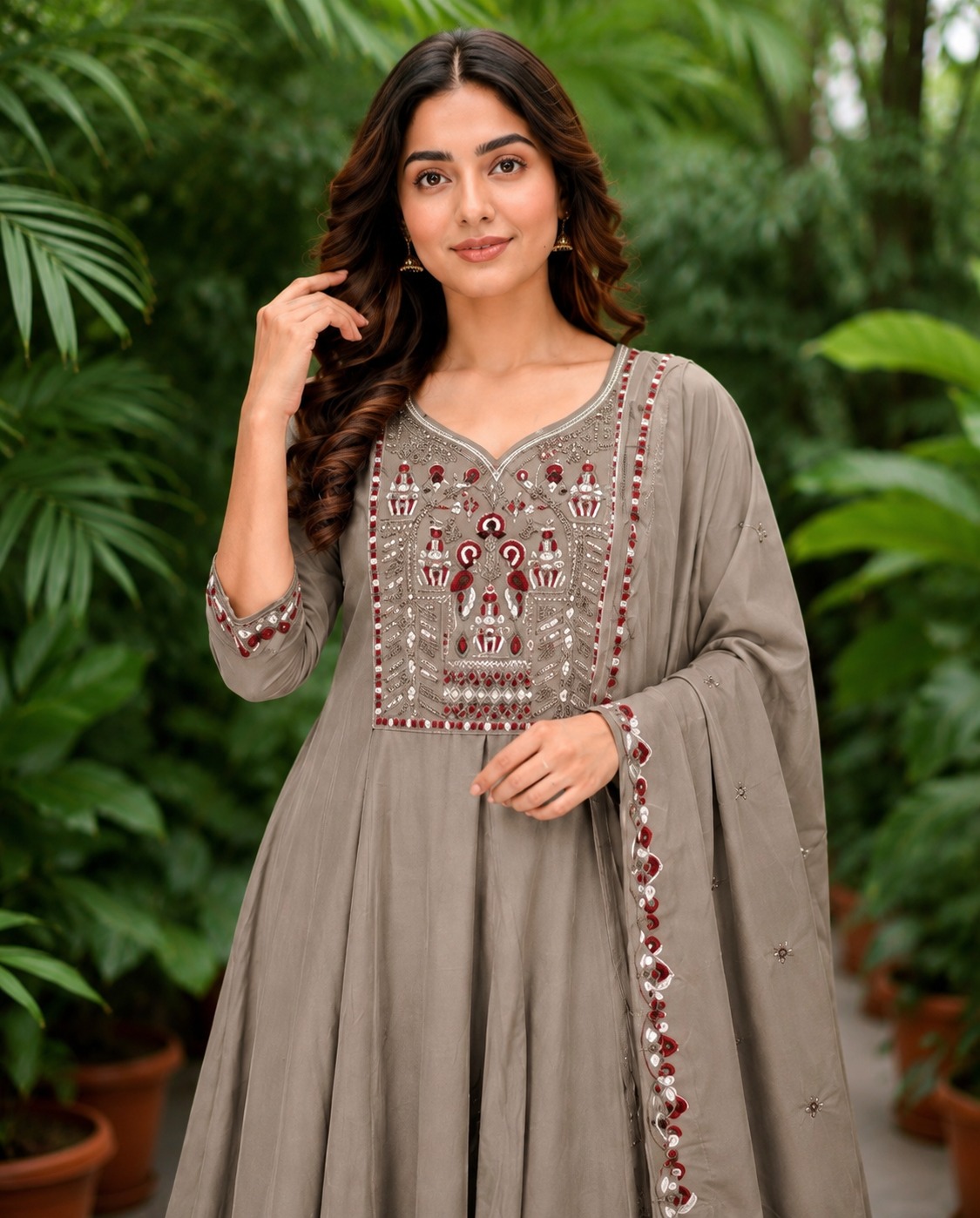 Surili Ash Beige Heay Roman Two Tone Silk With Embroidery Work Embroidery Kurta Set - Image 4