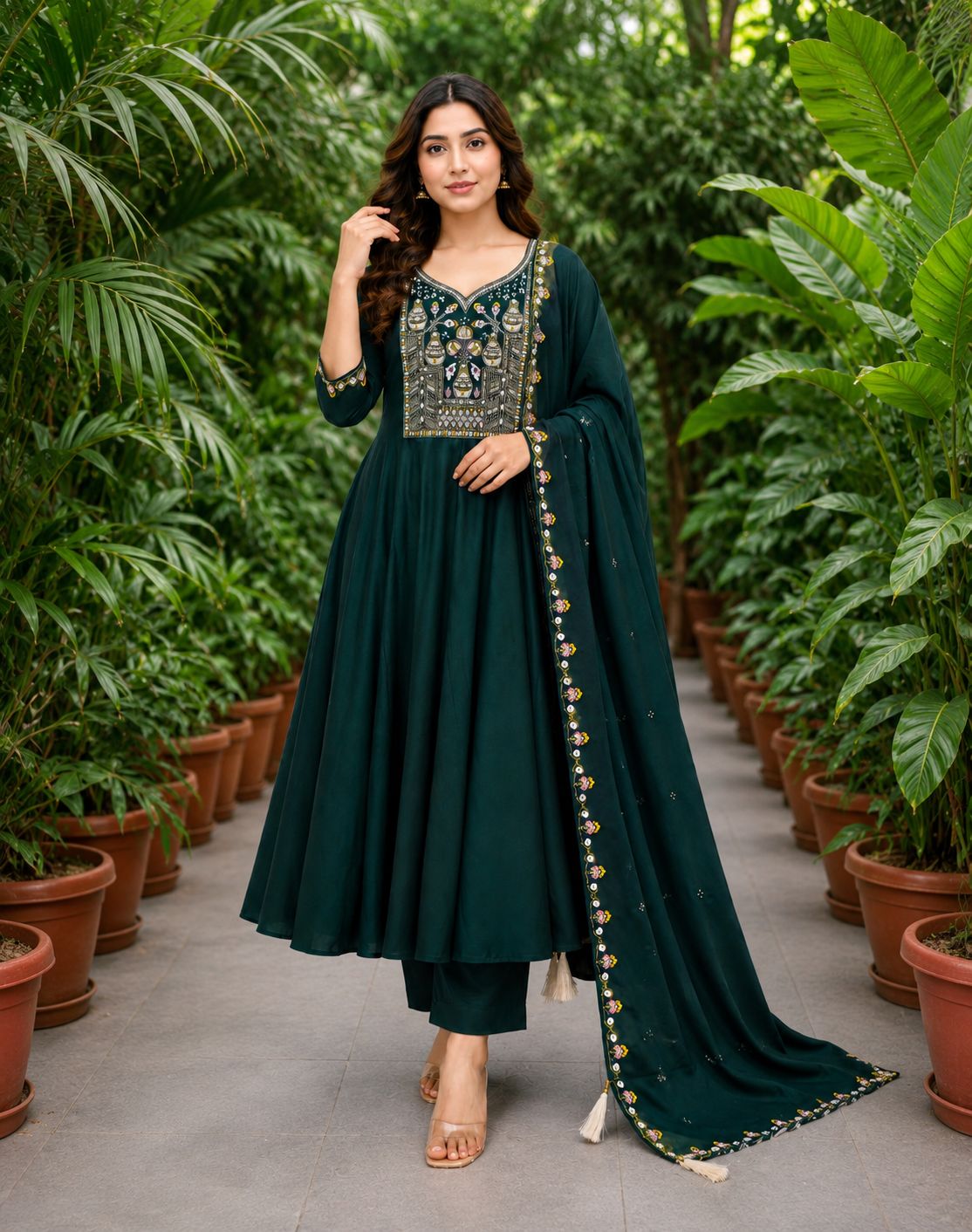 Surili Emerald Green Heay Roman Two Tone Silk With Embroidery Work Embroidery Kurta Set - Image 2
