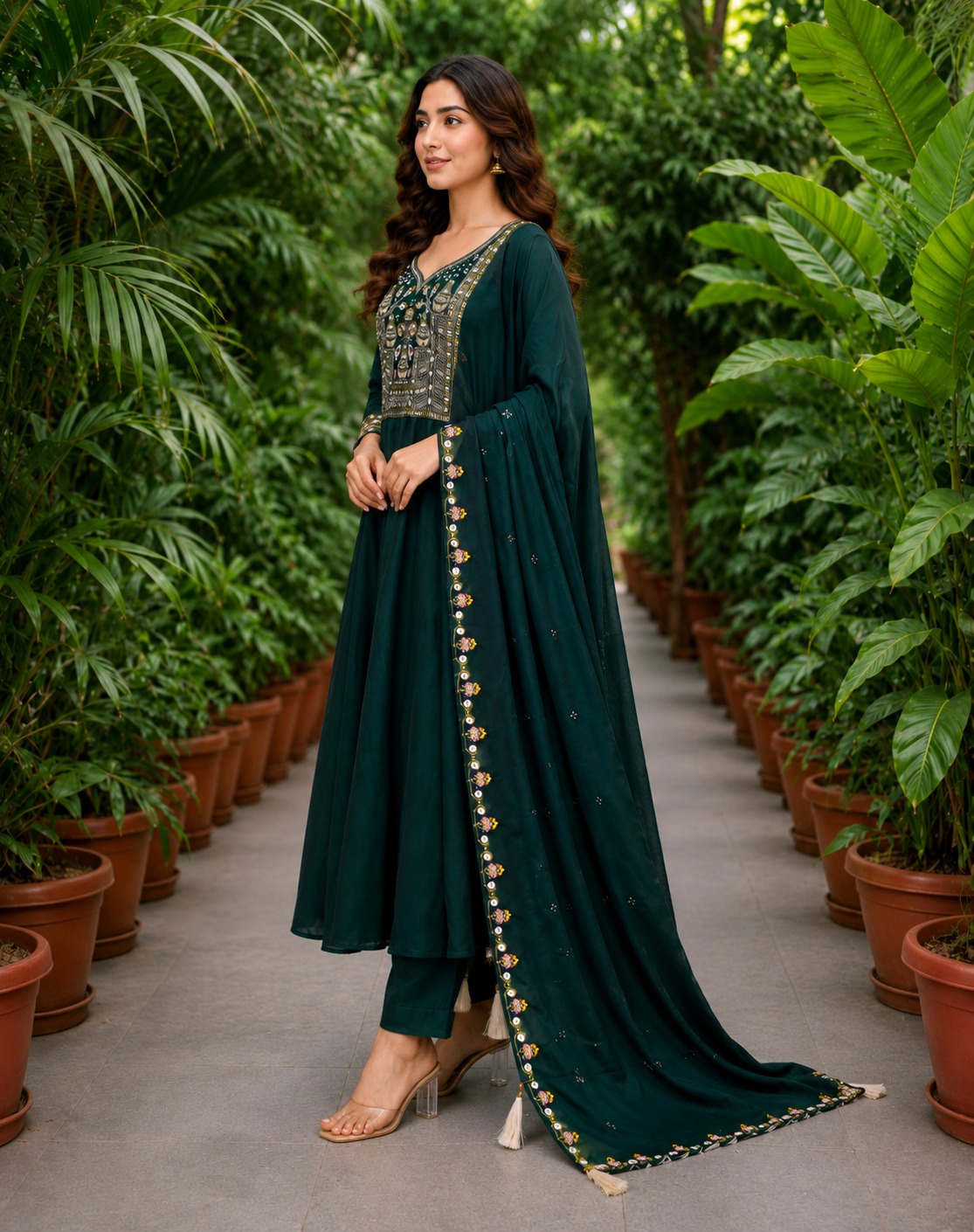 Surili Emerald Green Heay Roman Two Tone Silk With Embroidery Work Embroidery Kurta Set - Image 3