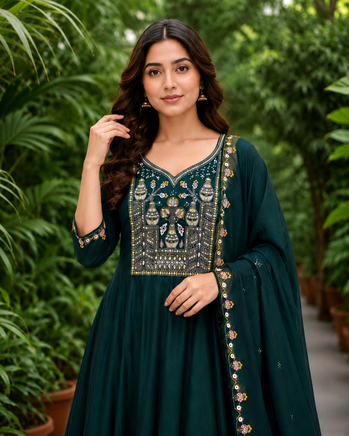 Surili Emerald Green Heay Roman Two Tone Silk With Embroidery Work Embroidery Kurta Set - Image 4