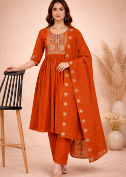 Surili Orange Heay Roman Silk With Embroidery Work Embroidery Kurta Set