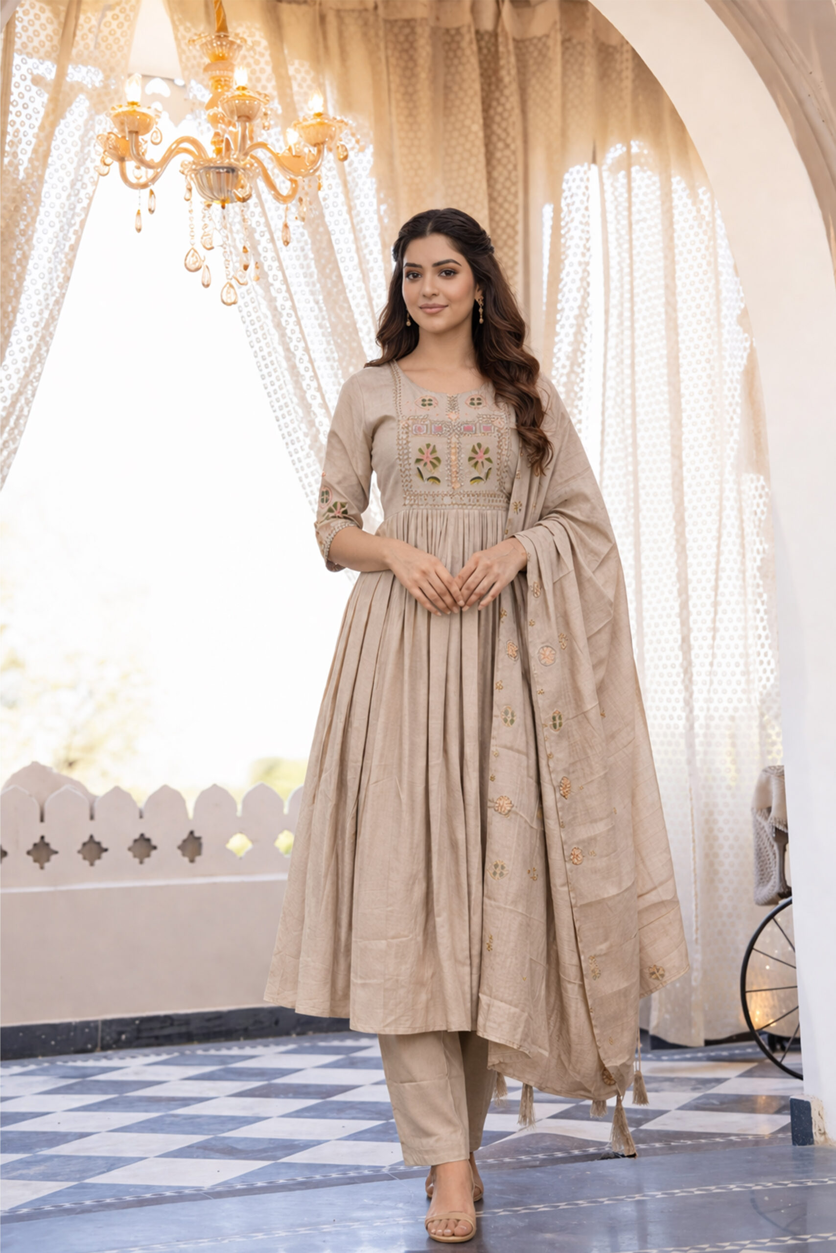 Surili Cream Heay Roman Silk With Embroidery Work Embroidery Kurta Set - Image 2