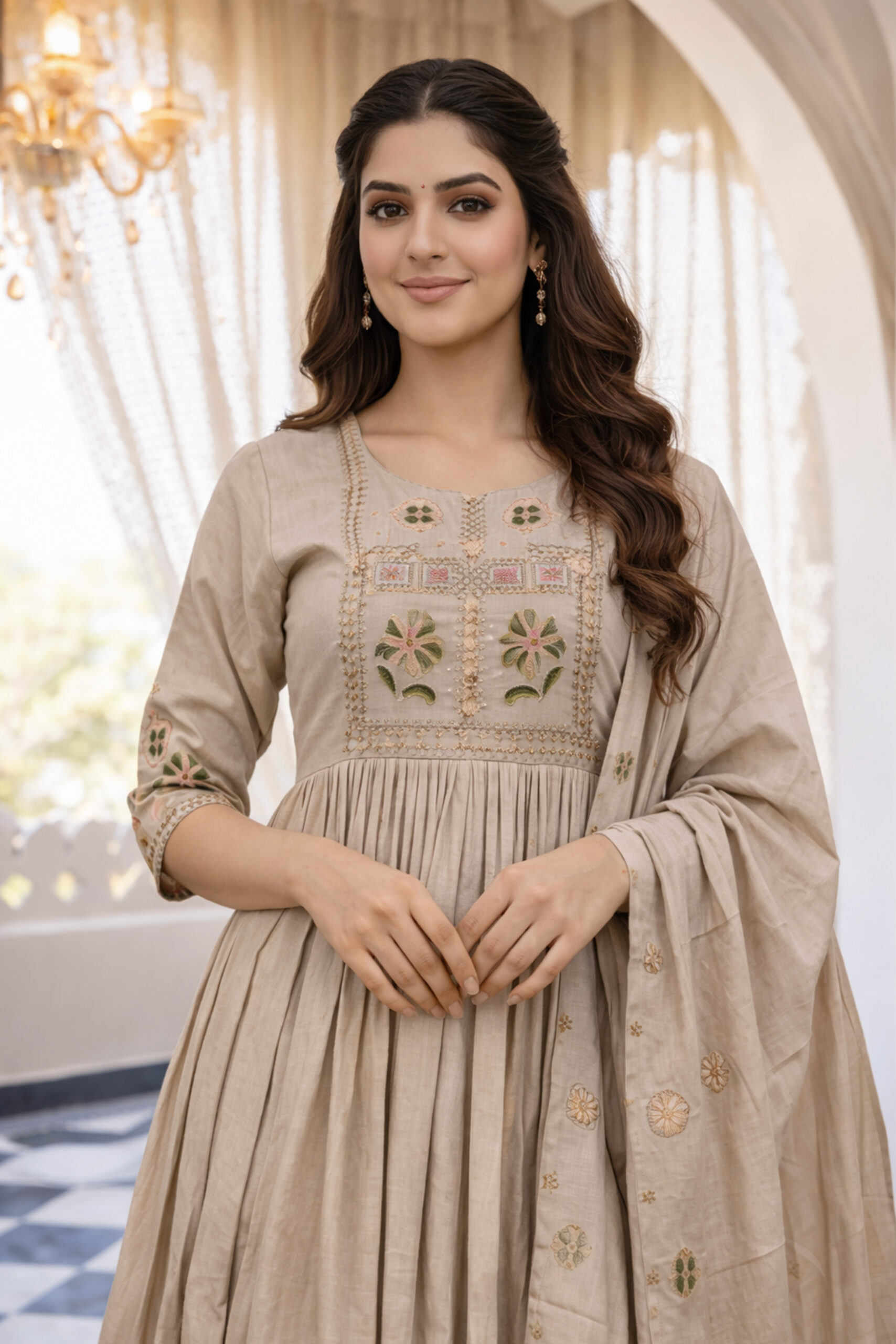 Surili Cream Heay Roman Silk With Embroidery Work Embroidery Kurta Set - Image 3