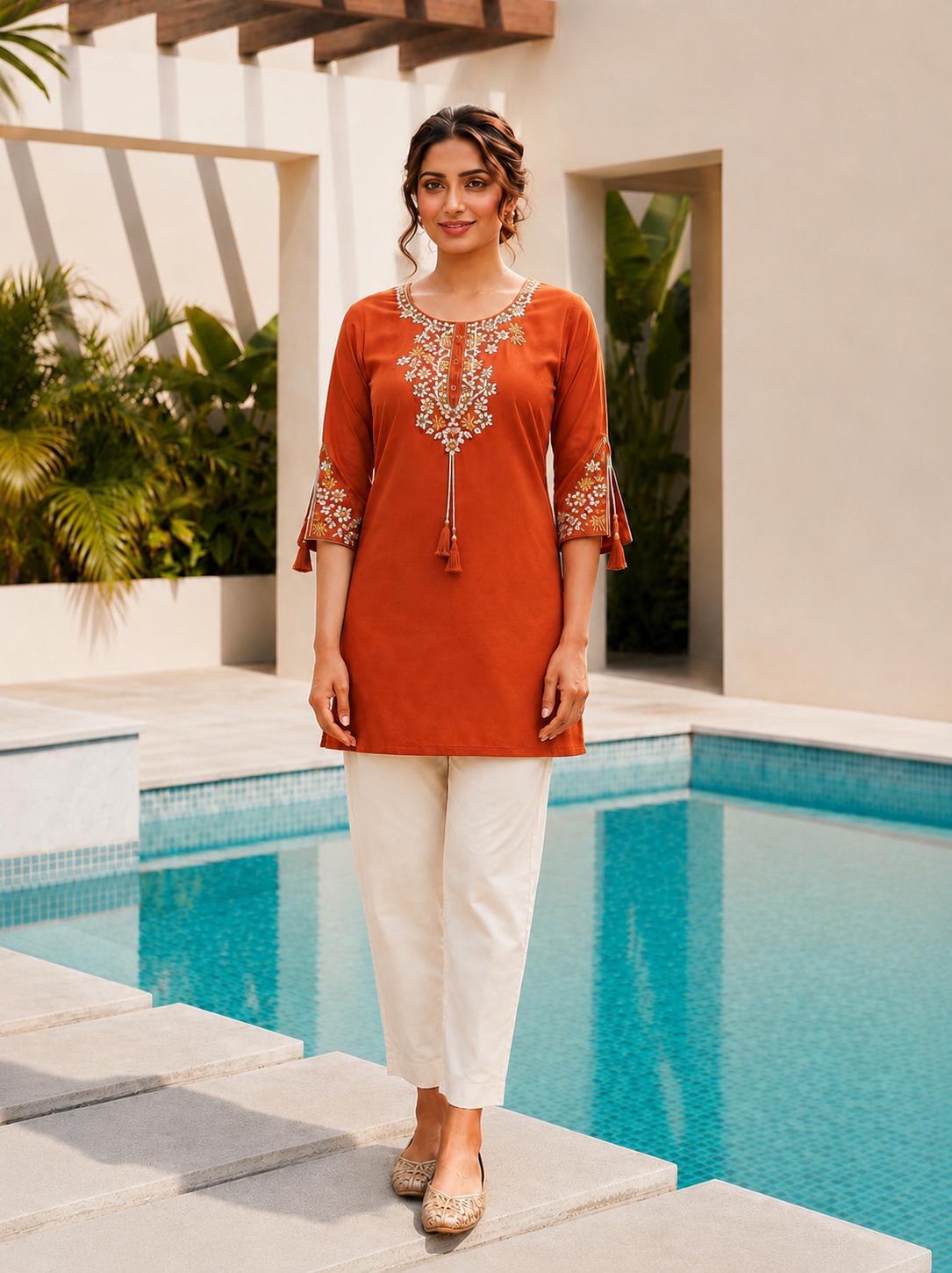 Surili Orange Heavy Rayon With Embroidery Work Embroidery Tunic - Image 2