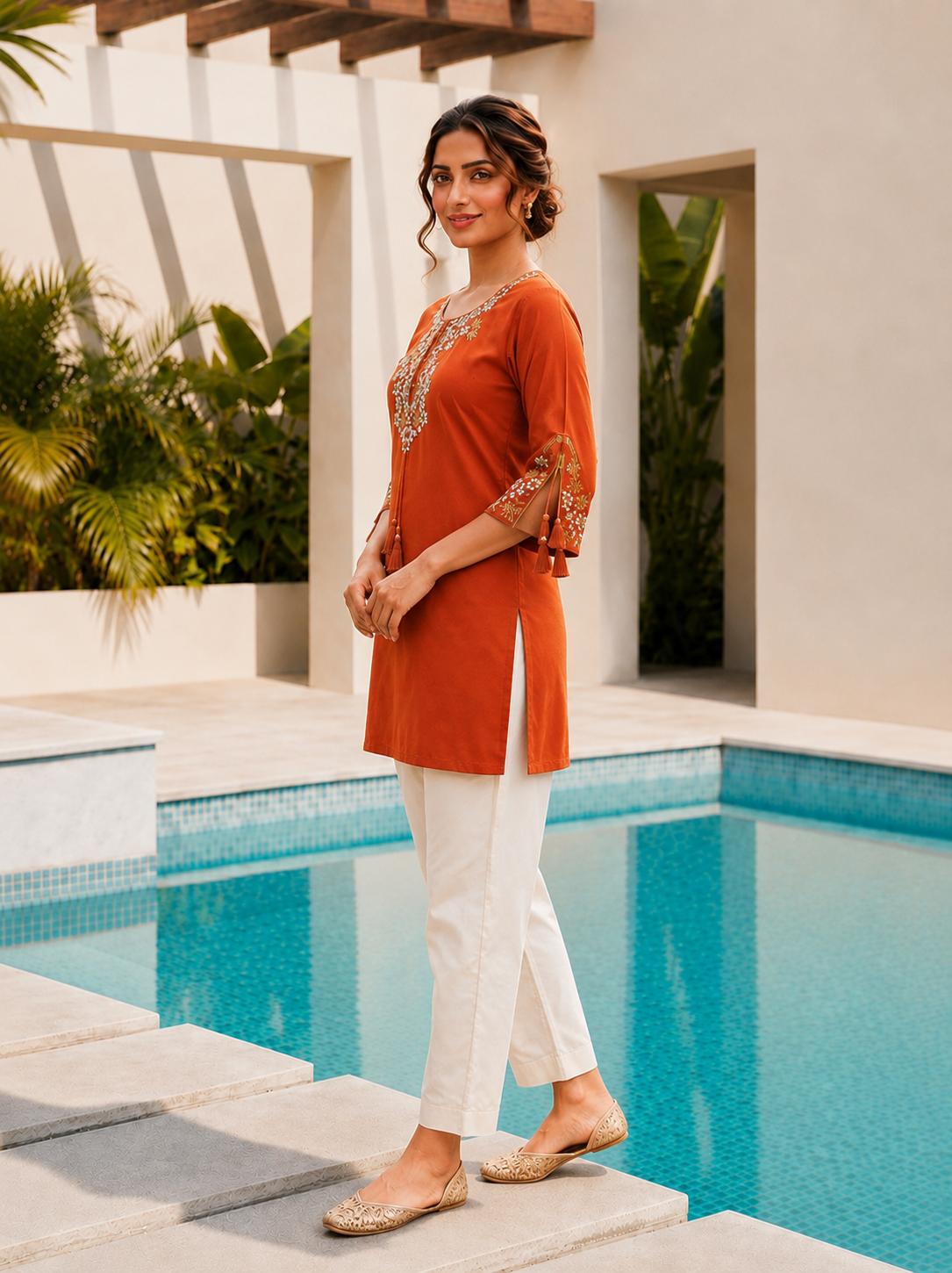Surili Orange Heavy Rayon With Embroidery Work Embroidery Tunic - Image 3