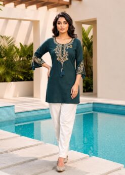 Surili Teal Blue Heavy Rayon With Embroidery Work Embroidery Tunic