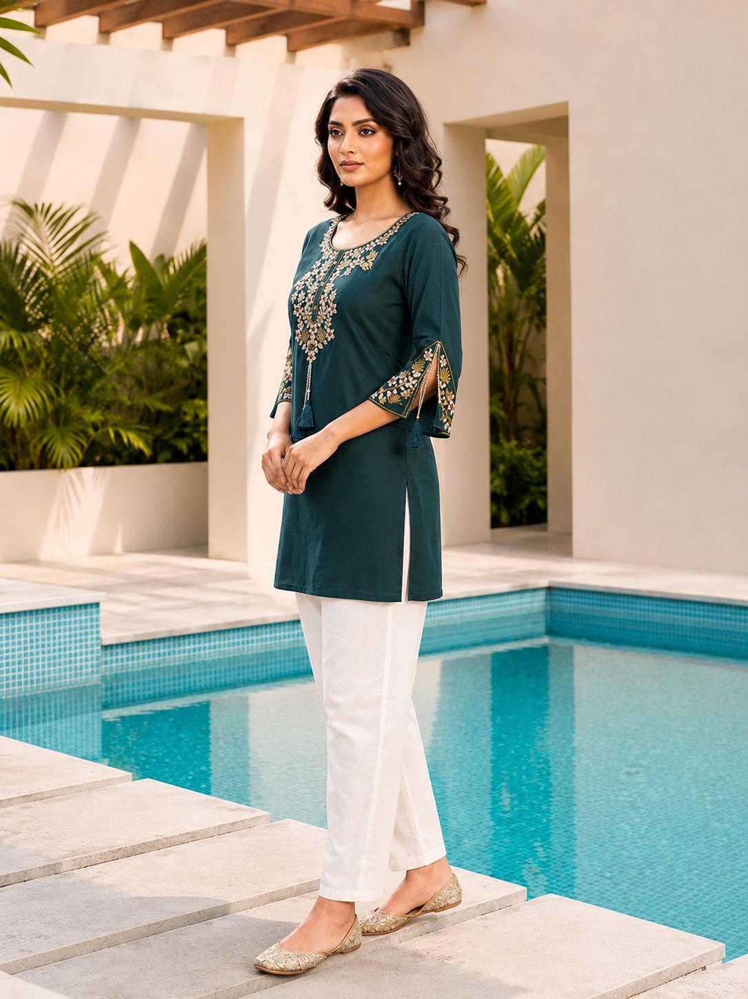 Surili Teal Blue Heavy Rayon With Embroidery Work Embroidery Tunic - Image 3