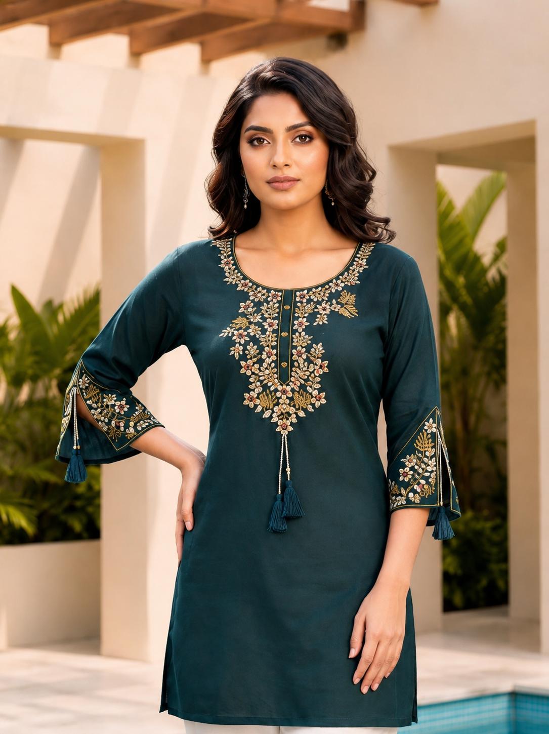 Surili Teal Blue Heavy Rayon With Embroidery Work Embroidery Tunic - Image 4