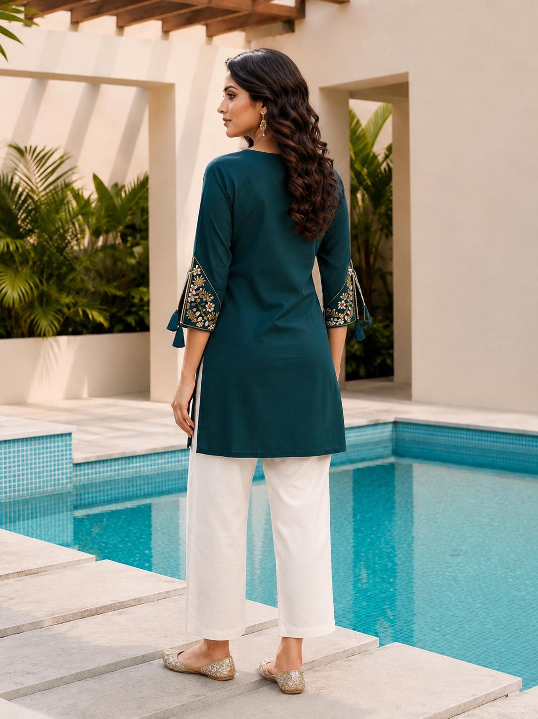 Surili Teal Blue Heavy Rayon With Embroidery Work Embroidery Tunic - Image 5