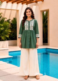Surili Teal Green Dabu Cotton With Embroidery Work Embroidery Tunic