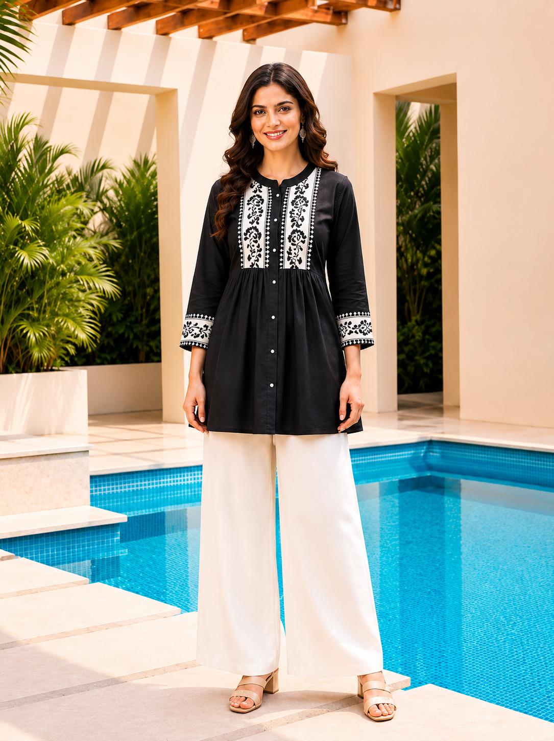 Surili Black Dabu Cotton With Embroidery Work Embroidery Tunic