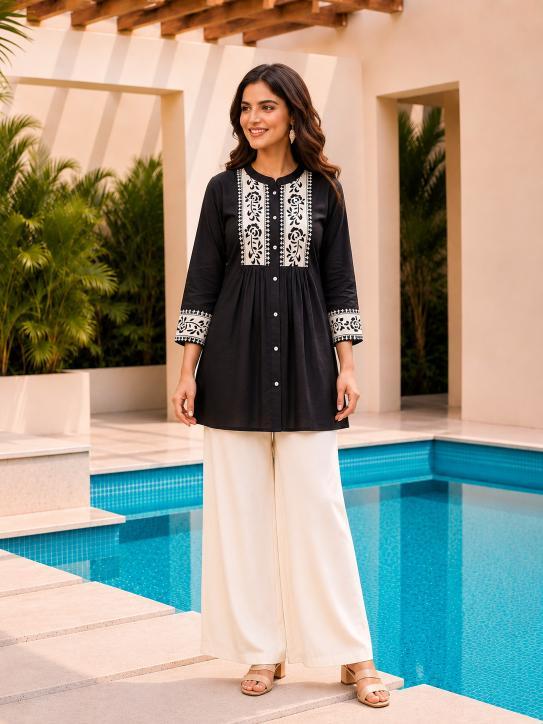 Surili Black Dabu Cotton With Embroidery Work Embroidery Tunic - Image 3