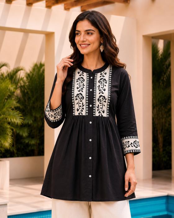 Surili Black Dabu Cotton With Embroidery Work Embroidery Tunic - Image 4