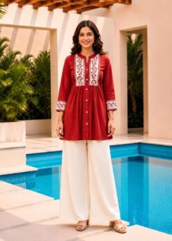 Surili Orange Dabu Cotton With Embroidery Work Embroidery Tunic