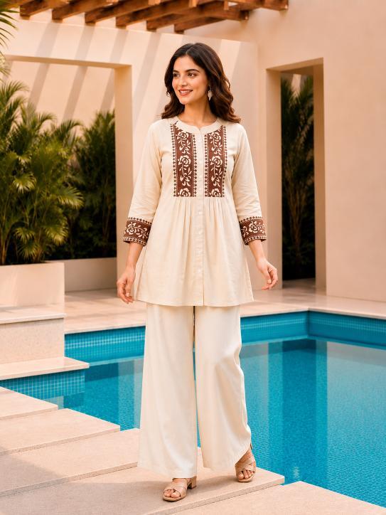 Surili Beige Dabu Cotton With Embroidery Work Embroidery Tunic - Image 4
