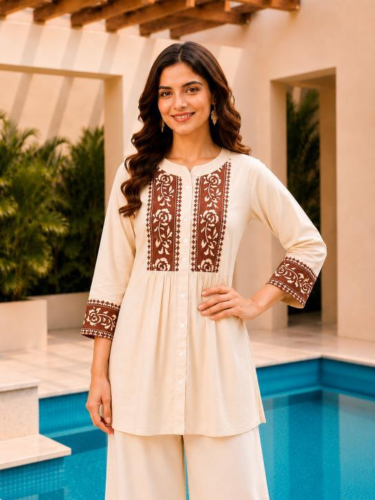 Surili Beige Dabu Cotton With Embroidery Work Embroidery Tunic - Image 3