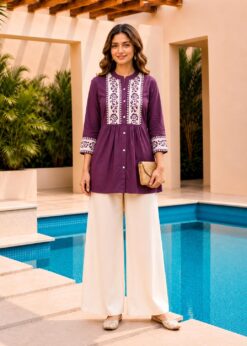 Surili Purple Dabu Cotton With Embroidery Work Embroidery Tunic