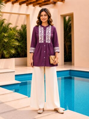 Surili Purple Dabu Cotton With Embroidery Work Embroidery Tunic