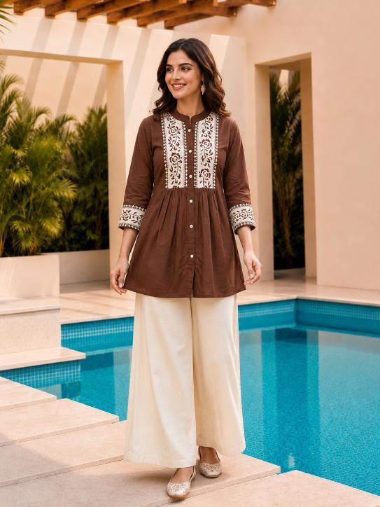 Surili Brown Dabu Cotton With Embroidery Work Embroidery Tunic - Image 3