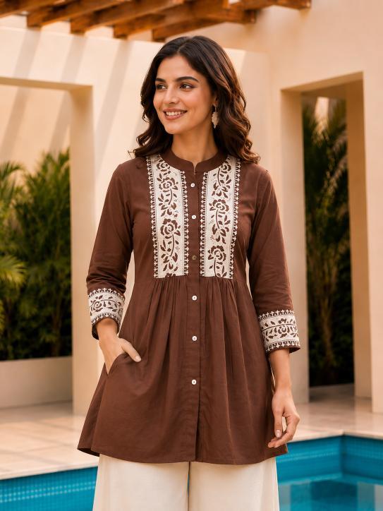 Surili Brown Dabu Cotton With Embroidery Work Embroidery Tunic - Image 4