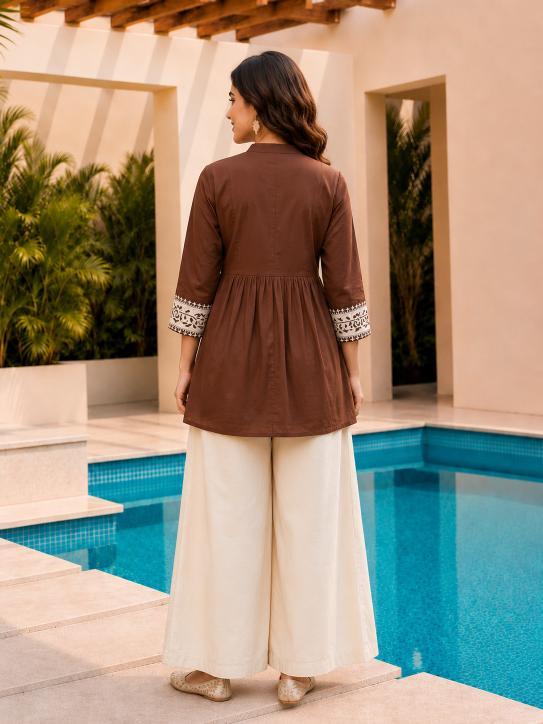 Surili Brown Dabu Cotton With Embroidery Work Embroidery Tunic - Image 5