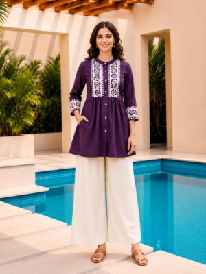 Surili Violet Dabu Cotton With Embroidery Work Embroidery Tunic