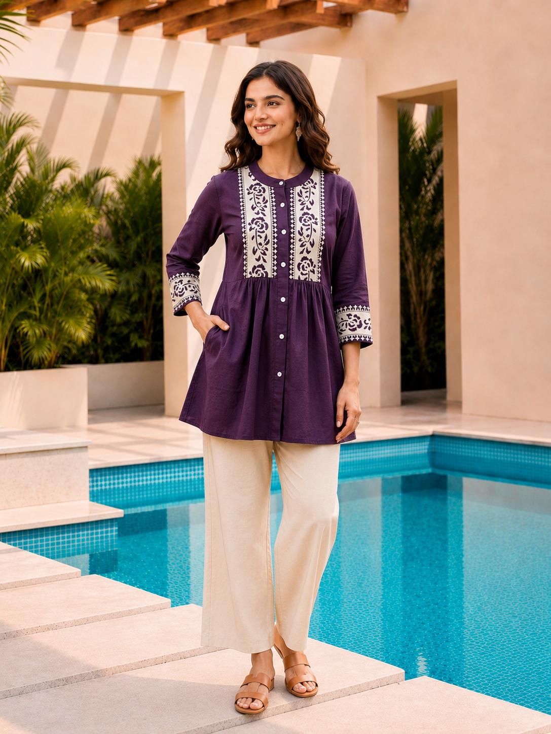 Surili Violet Dabu Cotton With Embroidery Work Embroidery Tunic - Image 3
