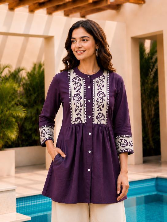 Surili Violet Dabu Cotton With Embroidery Work Embroidery Tunic - Image 4