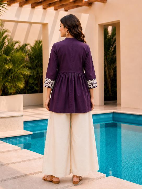 Surili Violet Dabu Cotton With Embroidery Work Embroidery Tunic - Image 5