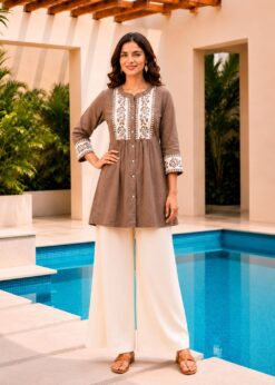 Surili Light Brown Dabu Cotton With Embroidery Work Embroidery Tunic