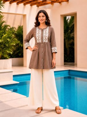 Surili Light Brown Dabu Cotton With Embroidery Work Embroidery Tunic