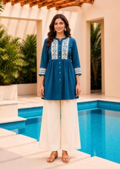Surili Teal Blue Dabu Cotton With Embroidery Work Embroidery Tunic