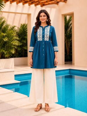 Surili Teal Blue Dabu Cotton With Embroidery Work Embroidery Tunic