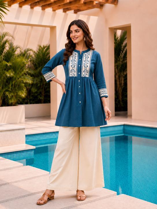 Surili Teal Blue Dabu Cotton With Embroidery Work Embroidery Tunic - Image 3